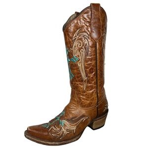 Circle G cross Brown turquoise Embroidered Cowboy Boots pointed western tall